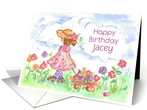 Happy Birthday Young Girl Flower Wagon Custom Name card (1691434)