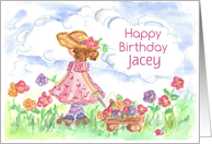 Happy Birthday Young Girl Flower Wagon Custom Name card
