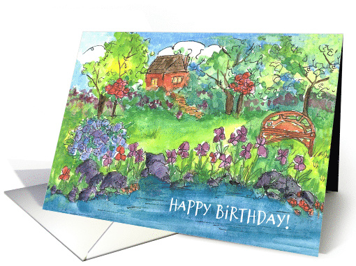 Happy Birthday Cottage Blooming Wildflowers Stream card (1695652)