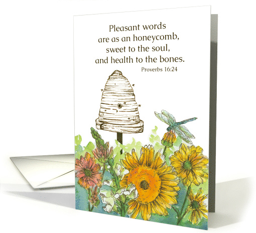 Pleasant Words Proverbs 16 24 Bible Verse Bee Skep Flowers card