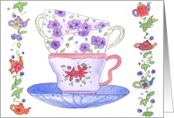 Friend Happy Birthday Card Teacup Stack Watercolor Flowers card