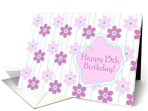 Happy 15th Birthday Pink Flower Turquoise Stripe card (170274)