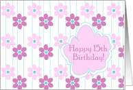 Happy 15th Birthday Pink Flower Turquoise Stripe card