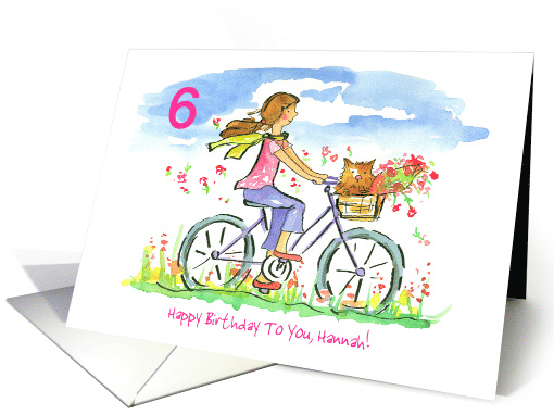 Happy 6th Birthday Girl Riding Bike Puppy Dog Custom Age card
