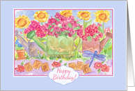 Happy Birthday Garden Painting Flowers Dragonfly Watercolor card