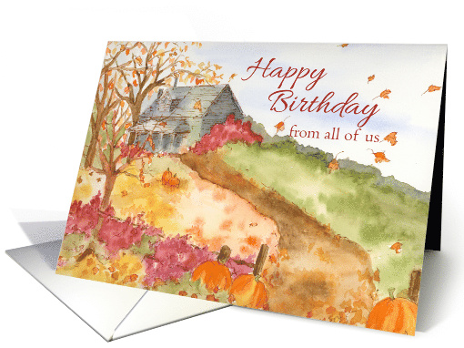 Happy Birthday From All of Us Autumn Landscape Watercolor Art card