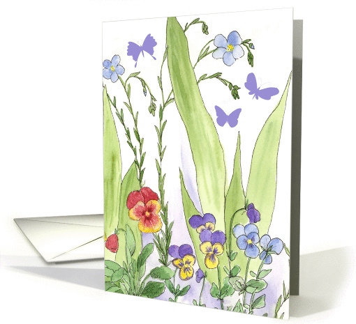 Pansy Butterfly Garden Watercolor Iris Leaves Flax Viola card (176399)
