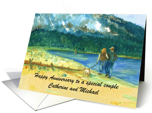 Happy Anniversary Couple Walking Dog Lake Custom Name card (1778396)