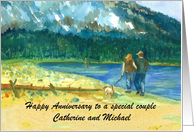 Happy Anniversary Couple Walking Dog Lake Custom Name card