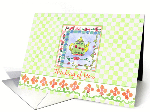 Thinking of You Green Teapot Watercolor Gingham Checks card (179025)