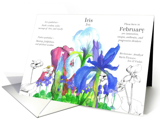 February Birthday Flower Iris Violets Language of Flowers card