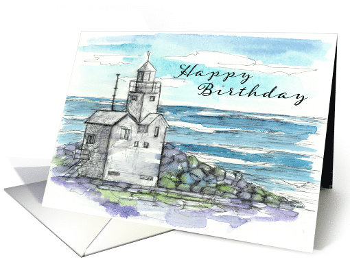 Happy Birthday Lighthouse Ocean Waves Beach card (1822070)