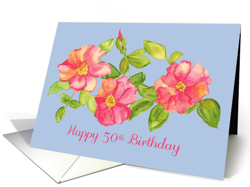 Happy 50th Birthday Pink Watercolor Roses Blue card (182478)