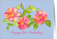 Happy 60th Birthday Pink Watercolor Roses Blue card