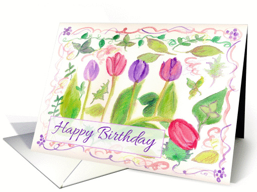 Happy Birthday Friend Pink Purple Tulips Watercolor Art card (182738)
