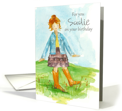 Happy Birthday Young Girl Boots Ruffle Skirt Custom Name card