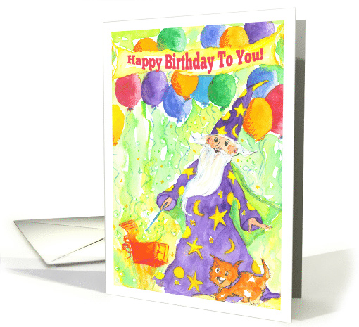 Happy Birthday Wizard Magic Gift Dog Watercolor Illustration card