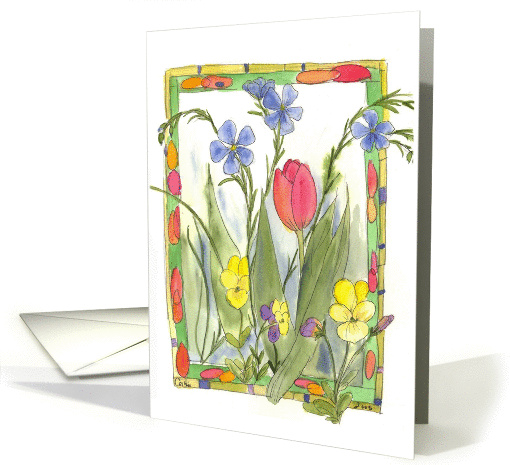 Thinking of You Pink Tulip Garden Watercolor Flowers card (185228)