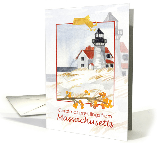 Merry Christmas from Massachusetts Lighthouse Snow card (1884494)