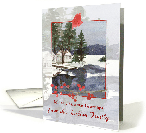 Maine Christmas Greetings Lake Winter Cabin Custom card (1885280)