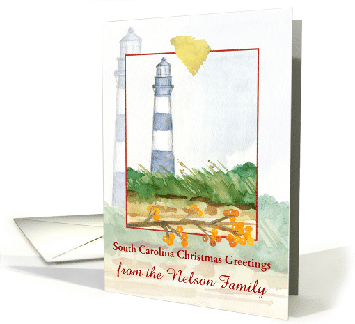South Carolina Christmas Greetings Lighthouse Custom Name card