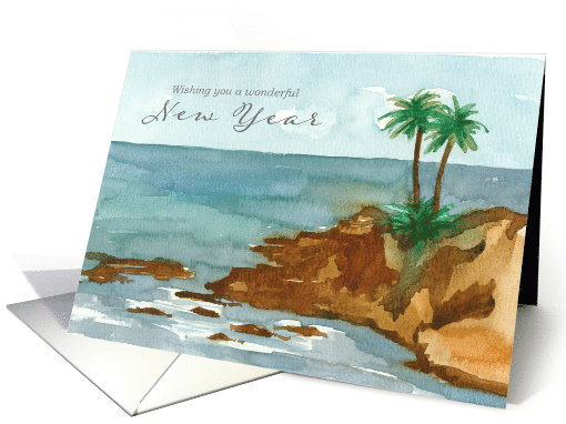 Happy New Year Ocean Palm Trees Watercolor Art card (1886728)