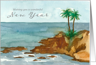 Happy New Year Ocean Palm Trees Watercolor Art card