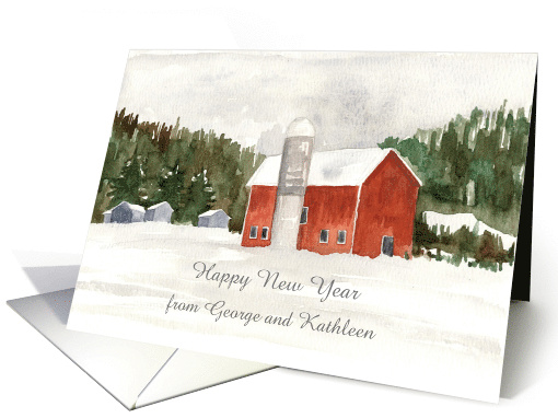 Happy New Year Farm Red Barn Custom Name card (1886748)