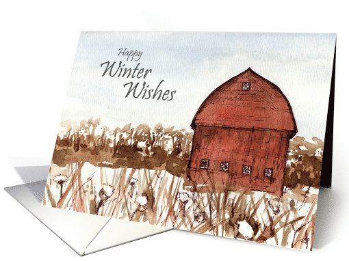 Happy New Year Winter Wishes Barn Watercolor card (1886762)