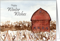 Happy New Year Winter Wishes Barn Watercolor card
