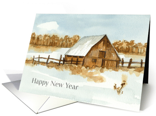 Happy New Year Winter Farm Barn Watercolor card (1886766)