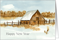 Happy New Year Winter Farm Barn Watercolor card