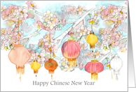Happy Chinese New Year Cherry Blossom Lanterns card