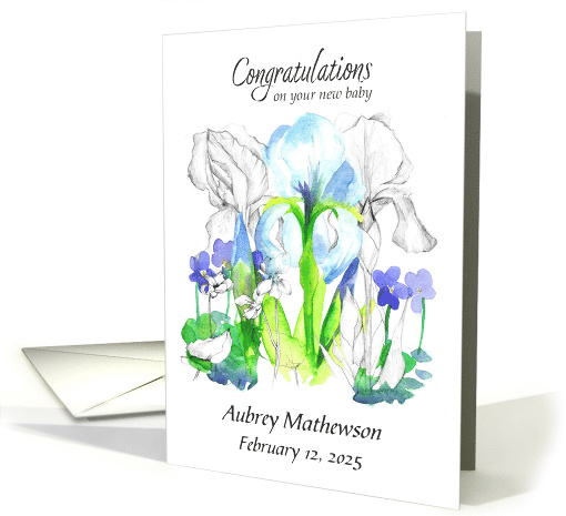 New Baby Congratulations Iris Violet Flowers Custom Name card