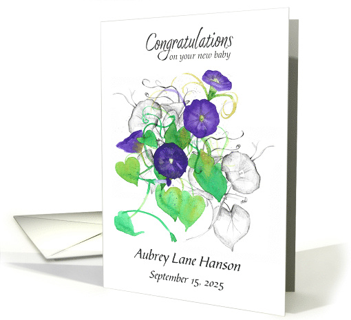 New Baby Congratulations Morning Glory Flowers Custom Name card