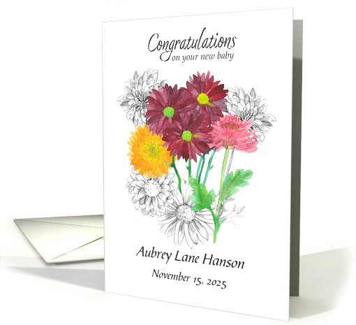 New Baby Congratulations Chrysanthemum Flower Custom Name card