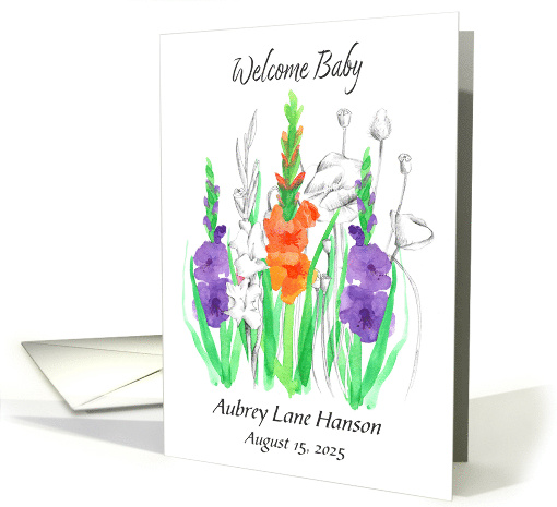 Welcome Baby Birth Announcement Gladiola Flower Custom Name card