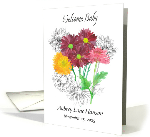 Baby Birth Announcement Chrysanthemum Flower Custom Name card