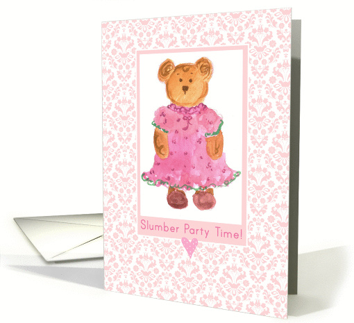 Slumber Party Invitation Little Girls Bear Watercolor Art card