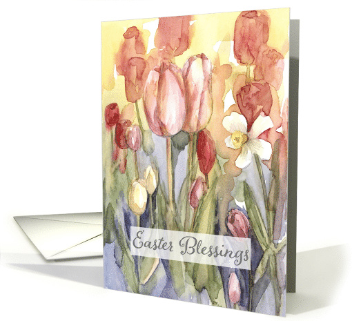 Easter Blessings Pink Tulips Daffodil Watercolor card (1902062)