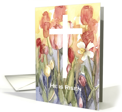 He Is Risen Easter Pink Tulips Daffodil Watercolor card (1902078)