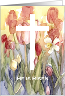 He Is Risen Easter Pink Tulips Daffodil Watercolor card