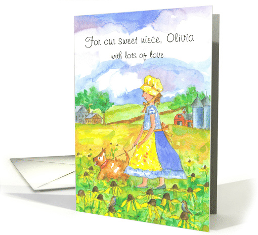 Happy Birthday Niece Farm Girl Dog Wildflowers Custom card (1904578)