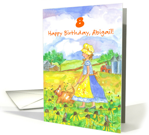 Happy 8th Birthday Farm Girl Dog Wildflowers Custom card (1904582)