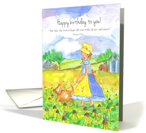 Happy Birthday Farm Girl Dog Scripture Romans Religious card (1904586)
