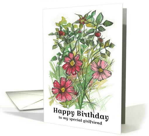 Happy Birthday Girlfriend Pink Cosmos Flowers card (1910520)