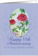 Happy 10th Anniversary Special Couple Red Rose Watercolor Art card