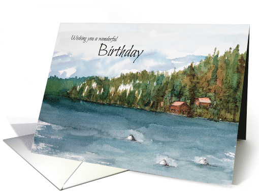 Happy Birthday Mountain Lake Trees Watercolor card (1918558)