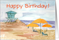 Happy Birthday Ocean Beach Umbrellas Watercolor card