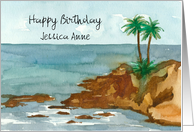 Happy Birthday Ocean Palm Trees Custom Name card